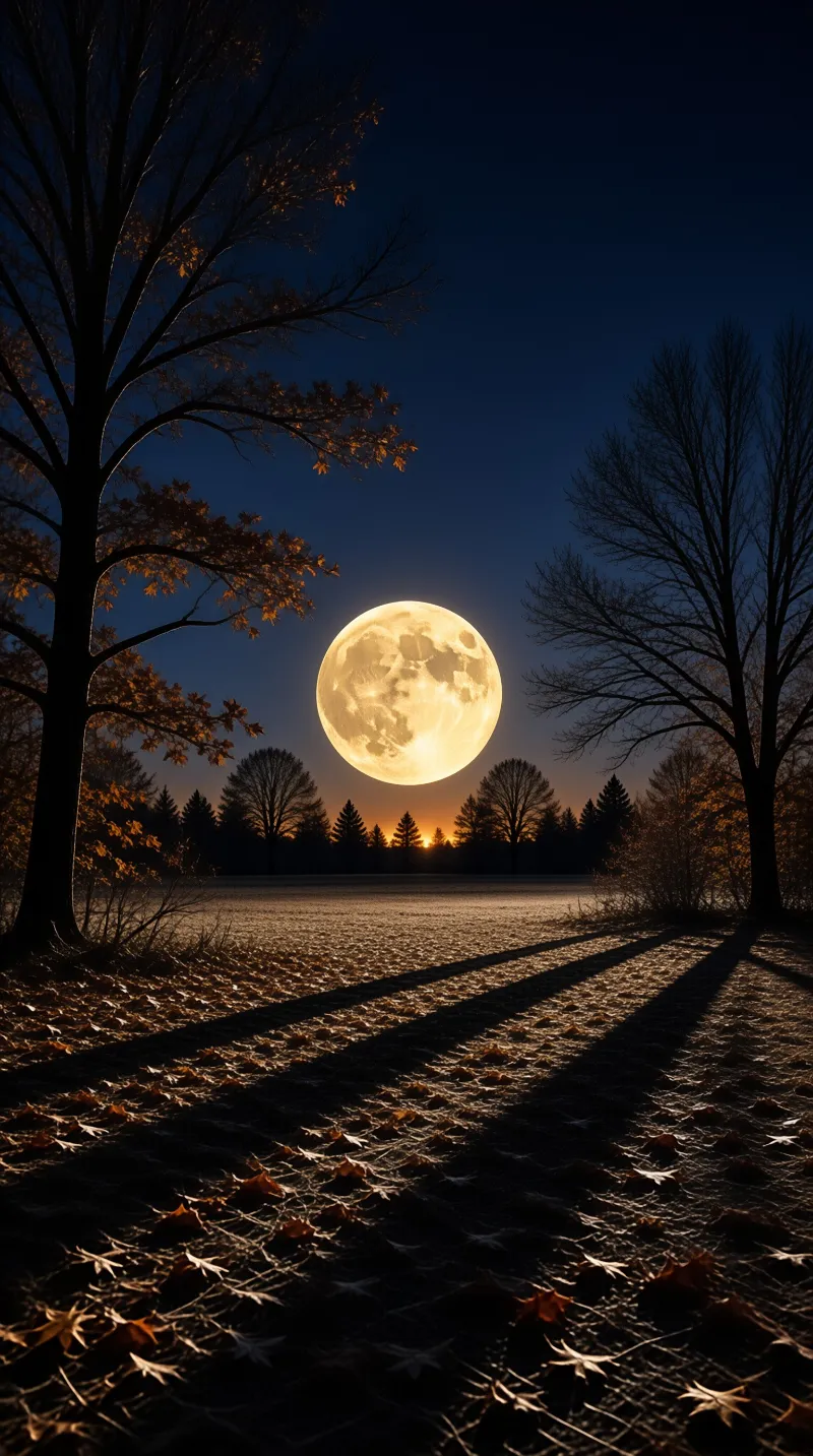 A huge bright moon hangs low over a dark frosted field, framed by silhouetted trees and long shadows.