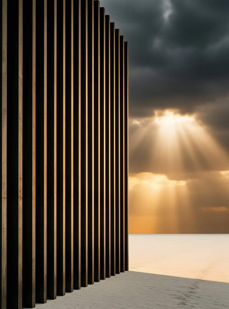 Vertical timber planks line a stark white ground while dramatic sunbeams pierce heavy storm clouds in the distance.