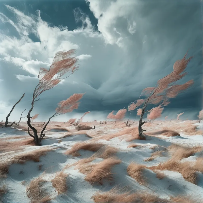 A barren sandy landscape features twisted dead trees and pinkish grass blowing in the wind beneath a dramatic cloudy sky.