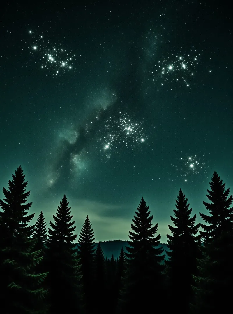 Dark pine trees stand in silhouette beneath a vast night sky filled with bright star clusters.
