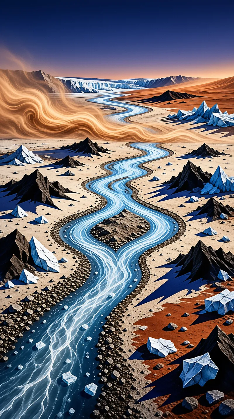 A blue river winds through a rocky desert with dark mountains and a massive golden dust vortex rising nearby.
