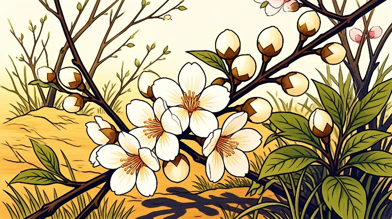 Line drawn flowers with cream petals and amber stamens bloom beside closed buds over a warm sandy ground