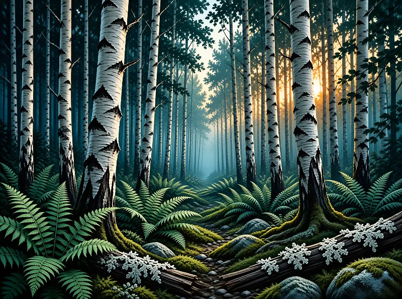 White birch trunks rise in a misty forest where sunlight illuminates mossy ferns and rocks on the ground.