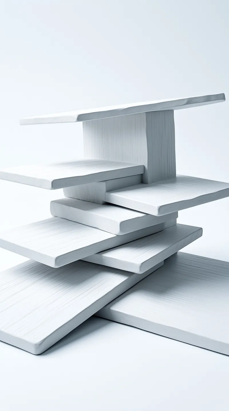 An optical illusion of stacked white wooden planks forms an impossible structure in a bright seamless white studio space.