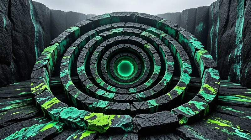 Concentric rings of cracked dark stone ringed with luminous green moss spiral inward toward a glowing emerald core.