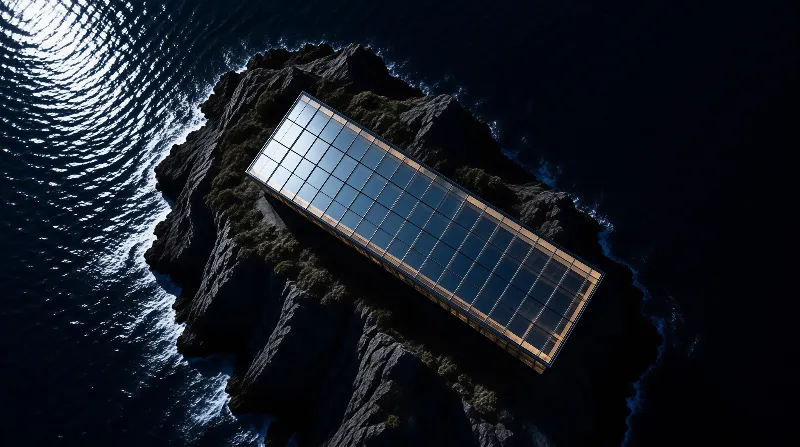 An aerial view of a long glass roofed pavilion set on a jagged rocky islet surrounded by dark ocean water