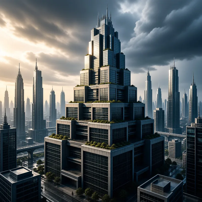 A towering stepped skyscraper featuring green terraces dominates a dense urban landscape under cloudy skies.
