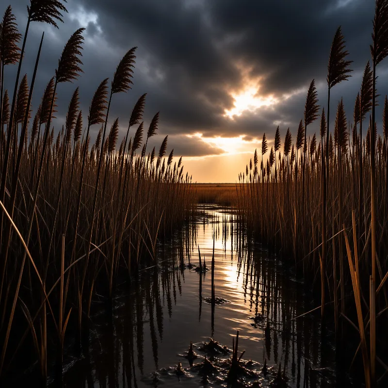 Silhouetted reeds border a dark water channel where golden sunlight breaks through stormy clouds.