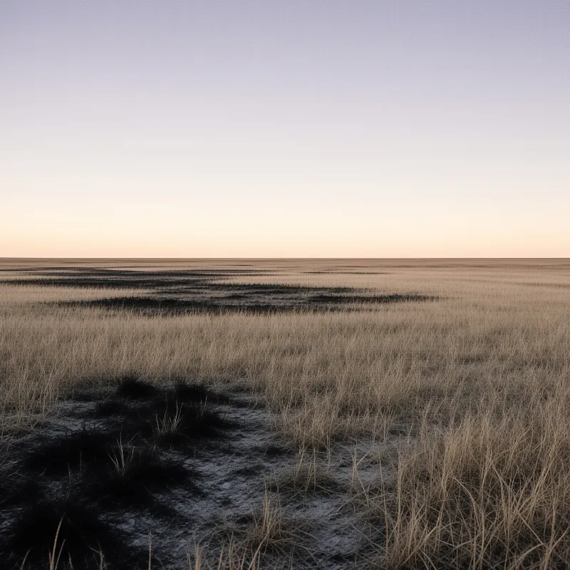 A flat expanse of dry yellow grass stretches to the horizon beneath soft lavender twilight colors.