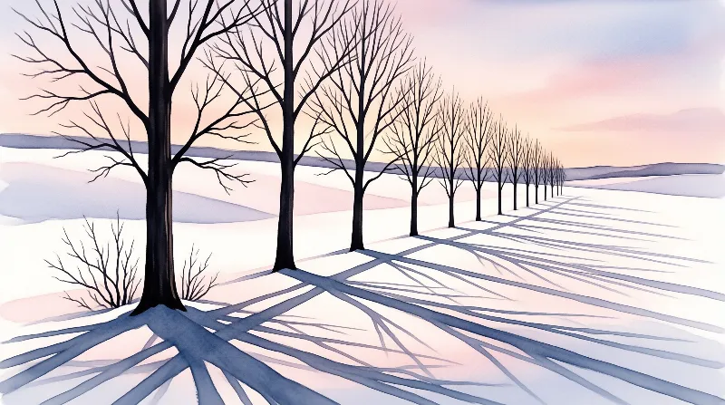A row of dark bare trees stands in a white snowy field casting long blue shadows under a pink sky.