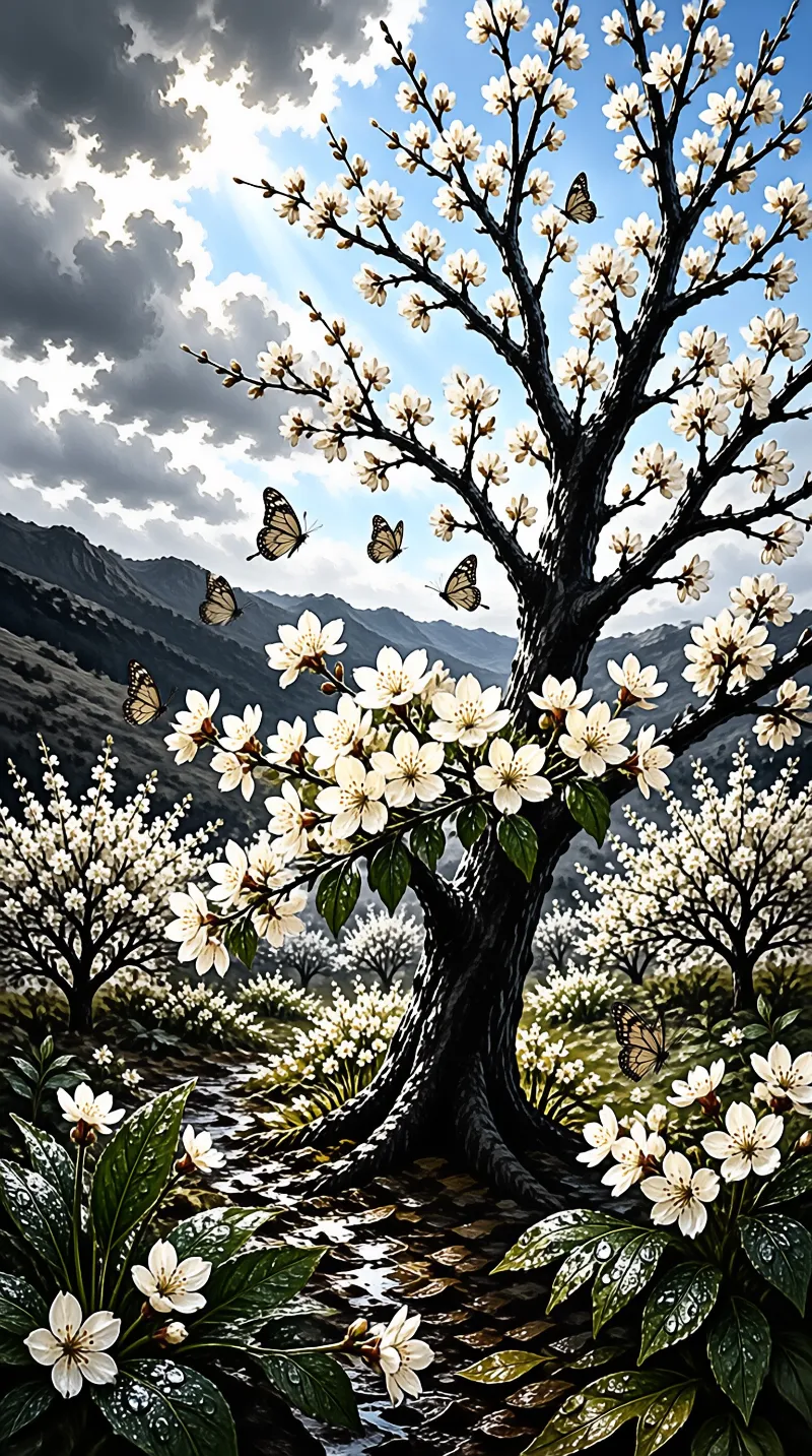 A blossoming tree with white flowers stands beside a stream while butterflies fly across a mountain valley under a partly cloudy sky.