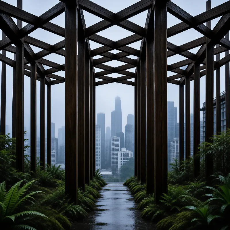A dark wooden pergola frames a view of foggy skyscrapers and green ferns on a wet path.