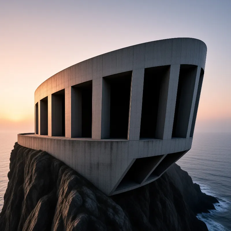 A grey concrete building with vertical recesses extends over a rocky cliff edge against a pink sunset sky.