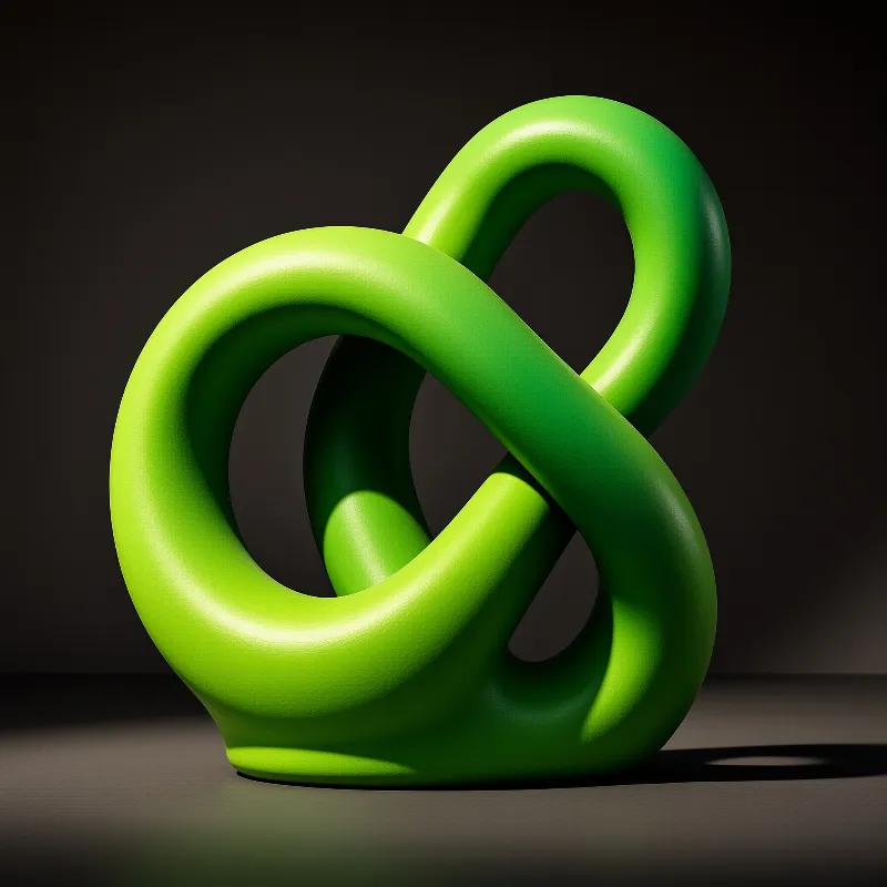 A green twisted loop sculpture sits on a dark surface under studio lighting, casting soft shadows and highlights.