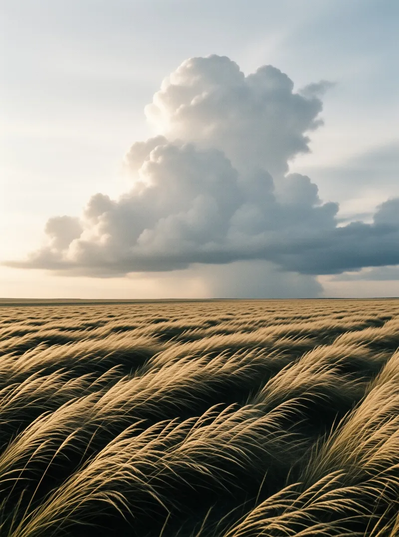 Vast golden grass waves stretch across the landscape beneath a towering storm cloud.