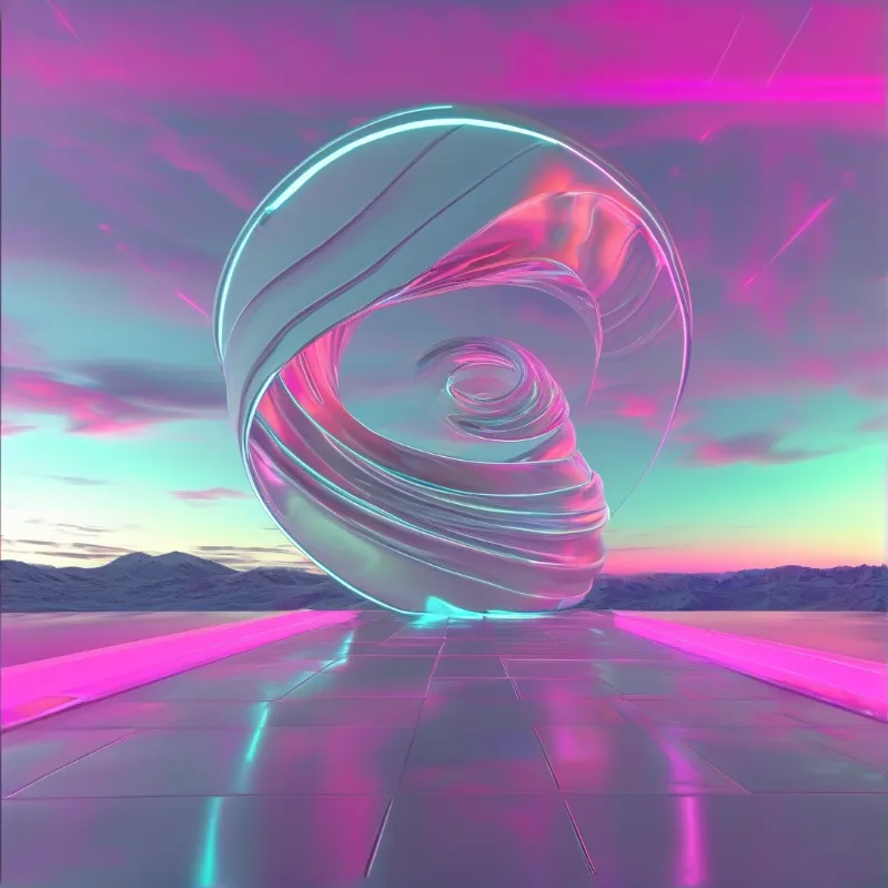 A glossy twisted chrome spiral structure stands on a reflective neon lit flat plane under a pastel pink and teal gradient sky with distant mountains.
