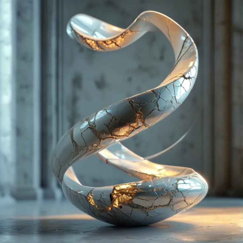 A twisting band of pale glossy clay rises in a loose spiral, its crackled seams filled with glowing gold against a dim hall.