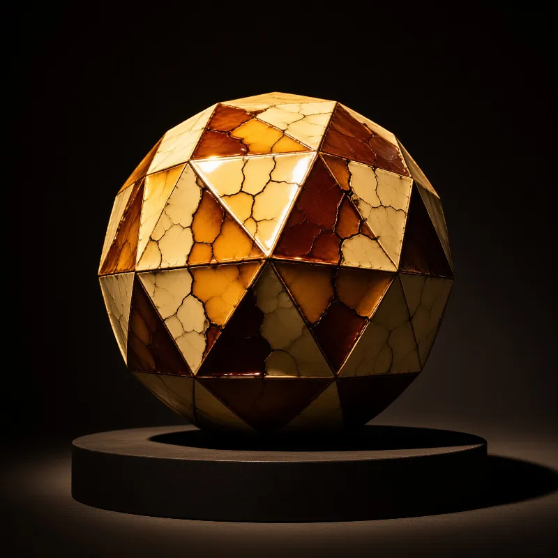 A faceted geometric sculpture resembling cracked honey rests upon a matte black pedestal bathed in directional light.
