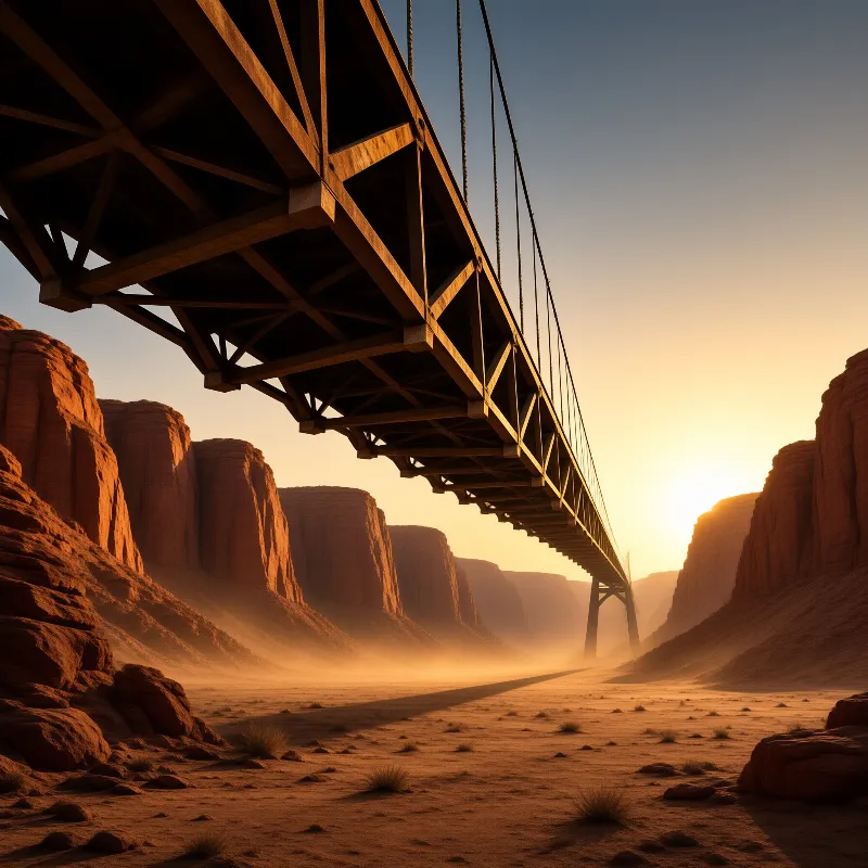 A weathered metal bridge stretches across a dusty canyon while golden sunlight bathes the towering red sandstone walls.