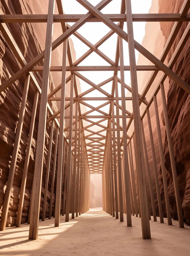 A long wooden colonnade stretches through a red rock canyon with warm sunlight filtering through the framework