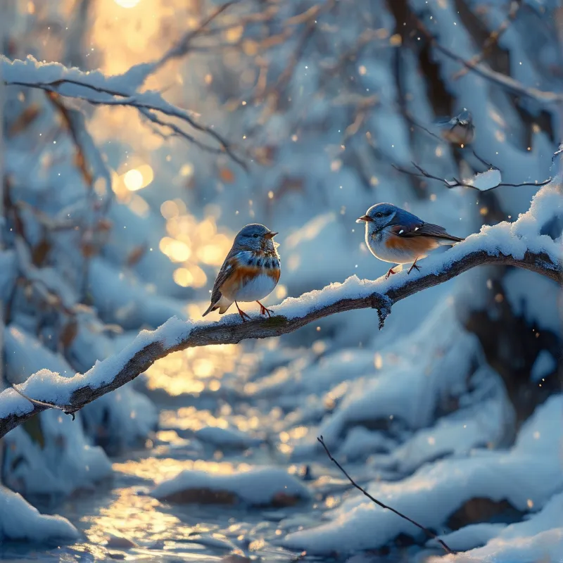 A pair of songbirds rests on a frozen limb while golden rays filter through the winter woods.