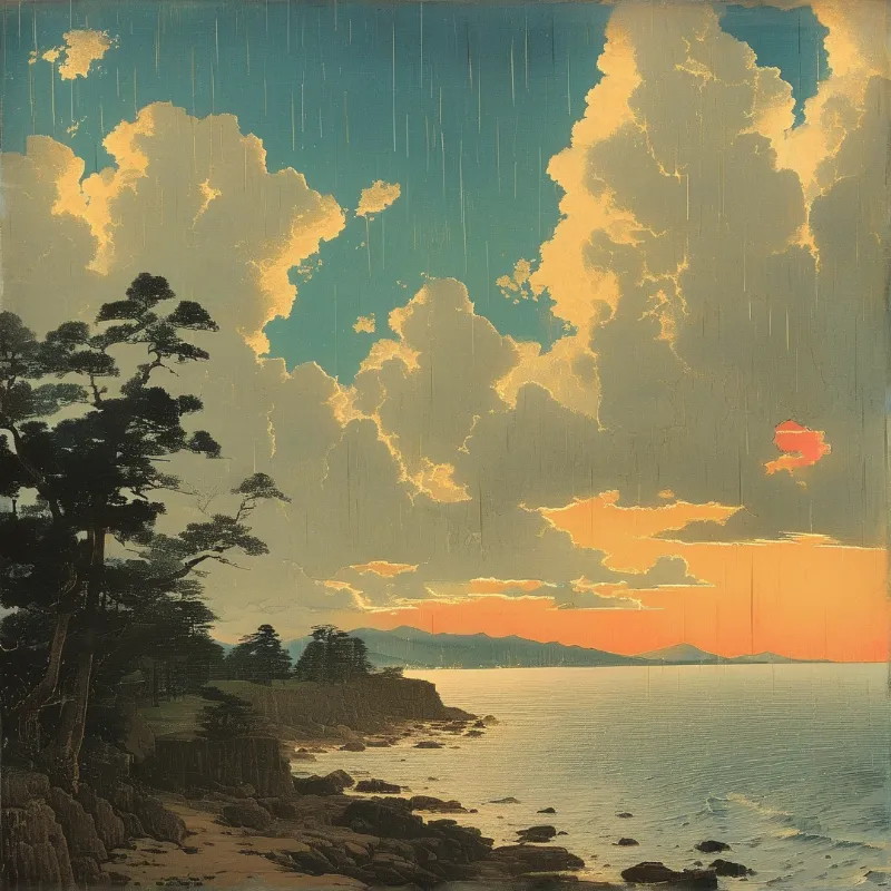 Dark pine trees line a rocky shore under a dramatic sky filled with golden clouds and falling rain near the ocean.