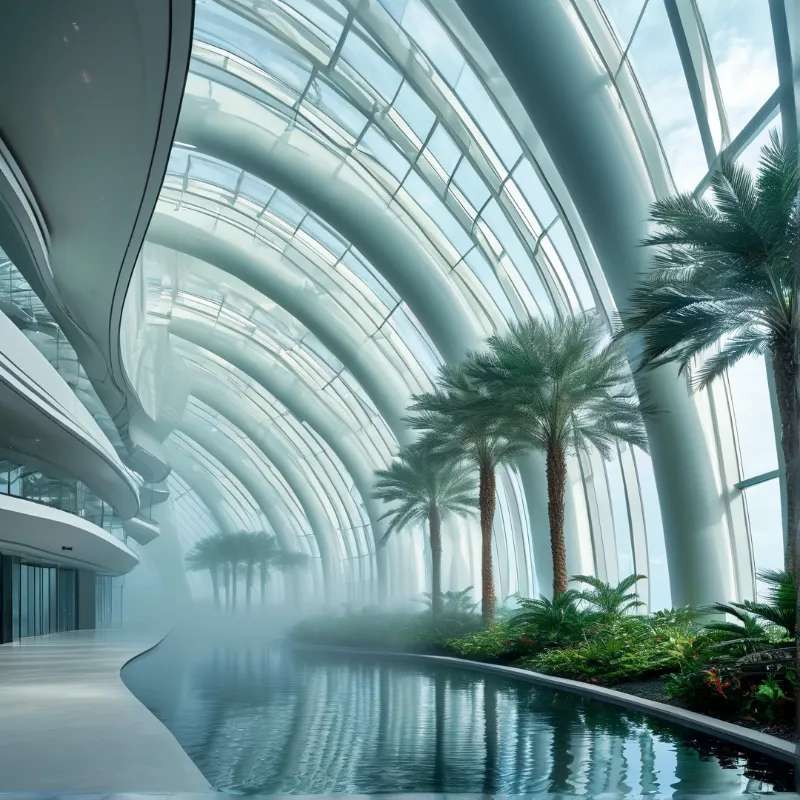 Tall palm trees grow beside a calm waterway inside a vast modern glass conservatory filled with soft diffused light.