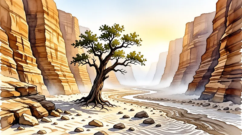 Watercolor painting of a solitary tree beside a winding river flanked by layered sandstone canyon walls in soft golden light