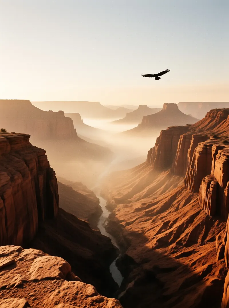 A solitary bird glides over a deep gorge featuring red cliffs and a winding stream wrapped in morning fog.