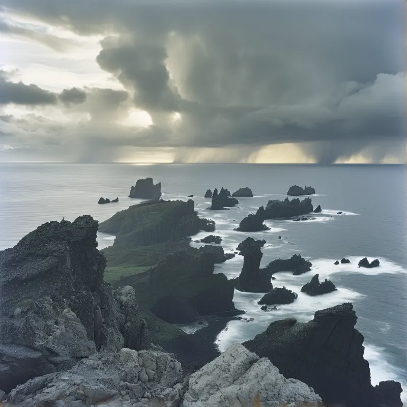 Dark rocky sea stacks and cliffs stand against the ocean while sunbeams break through heavy grey clouds above.