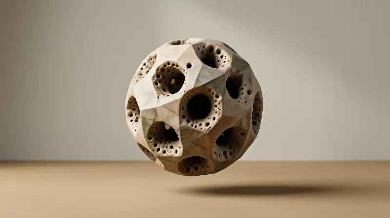 A beige porous sphere with large holes floats above a smooth tan surface under soft lighting.