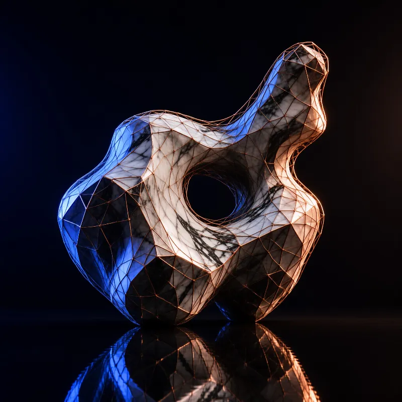 A veined white stone loop wrapped in a fine metal lattice glows under cool blue and warm amber light