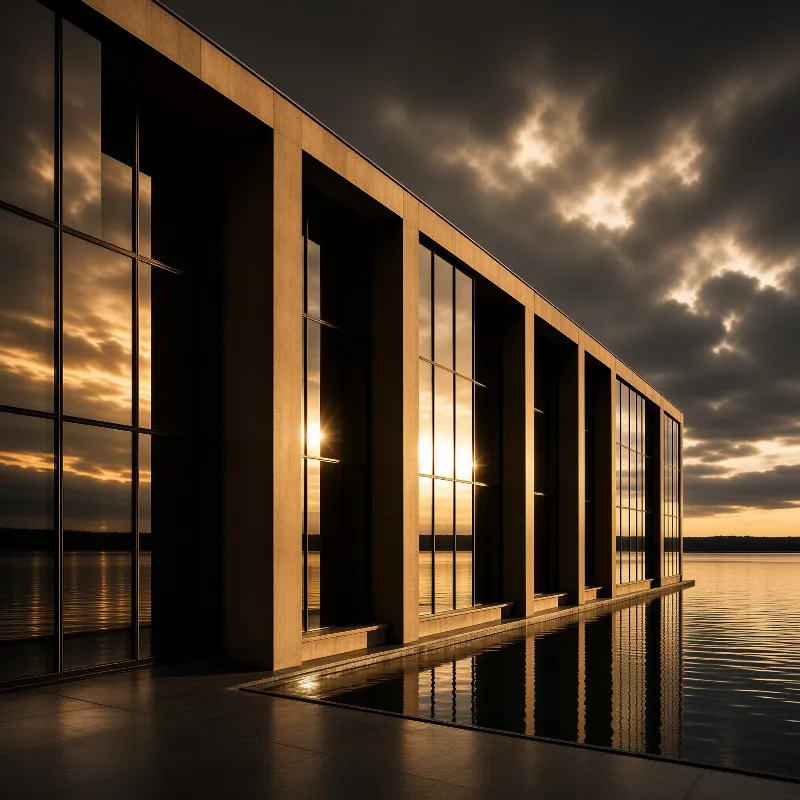 A minimalist glass building with tall columns reflects a dramatic golden sunset sky in calm water