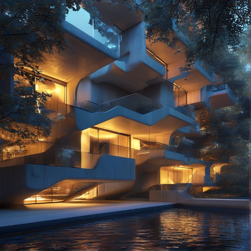 A concrete house with curved balconies glows warmly beside dark trees and a reflective pool at night.