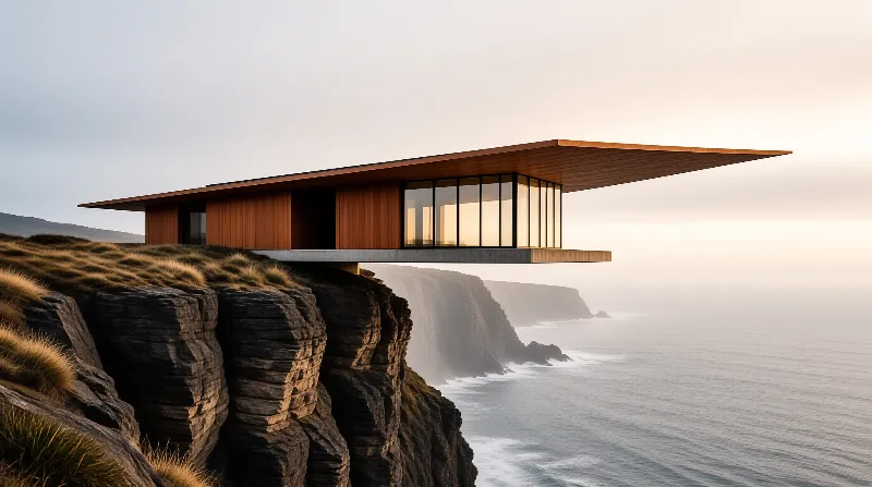 A modern wooden house with large glass windows sits on a dark rocky cliff edge overlooking a foggy grey ocean.