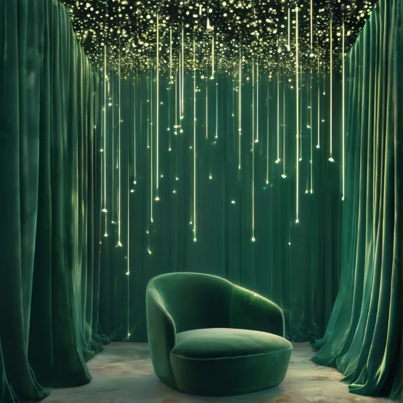 A rounded green armchair sits between heavy velvet drapes under a ceiling of dangling light strands.