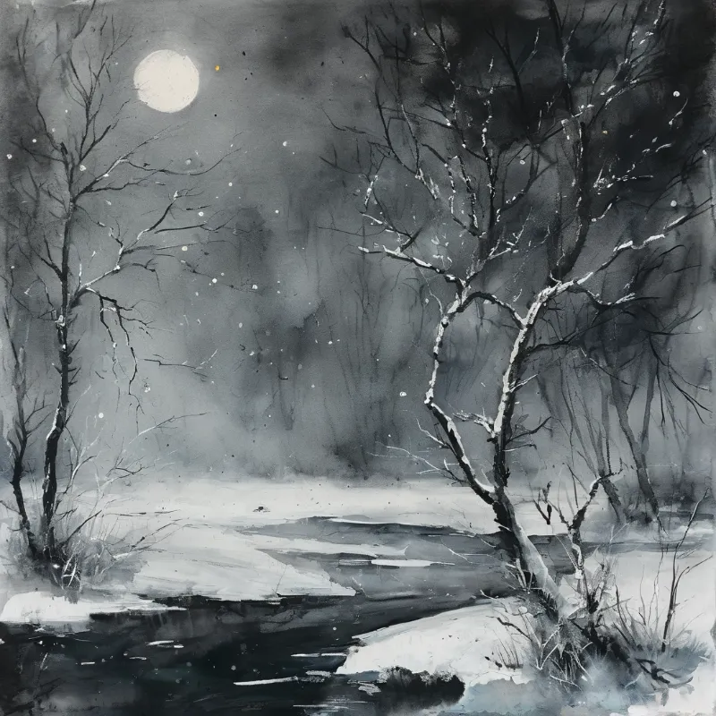 Ink wash painting of bare snow covered trees beside a partially frozen stream under a pale full moon on a dark wintry night