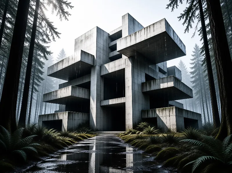 Angular concrete brutalist building stands between tall dark evergreens, with a wet reflective path leading to its shadowed entrance in misty dim light.
