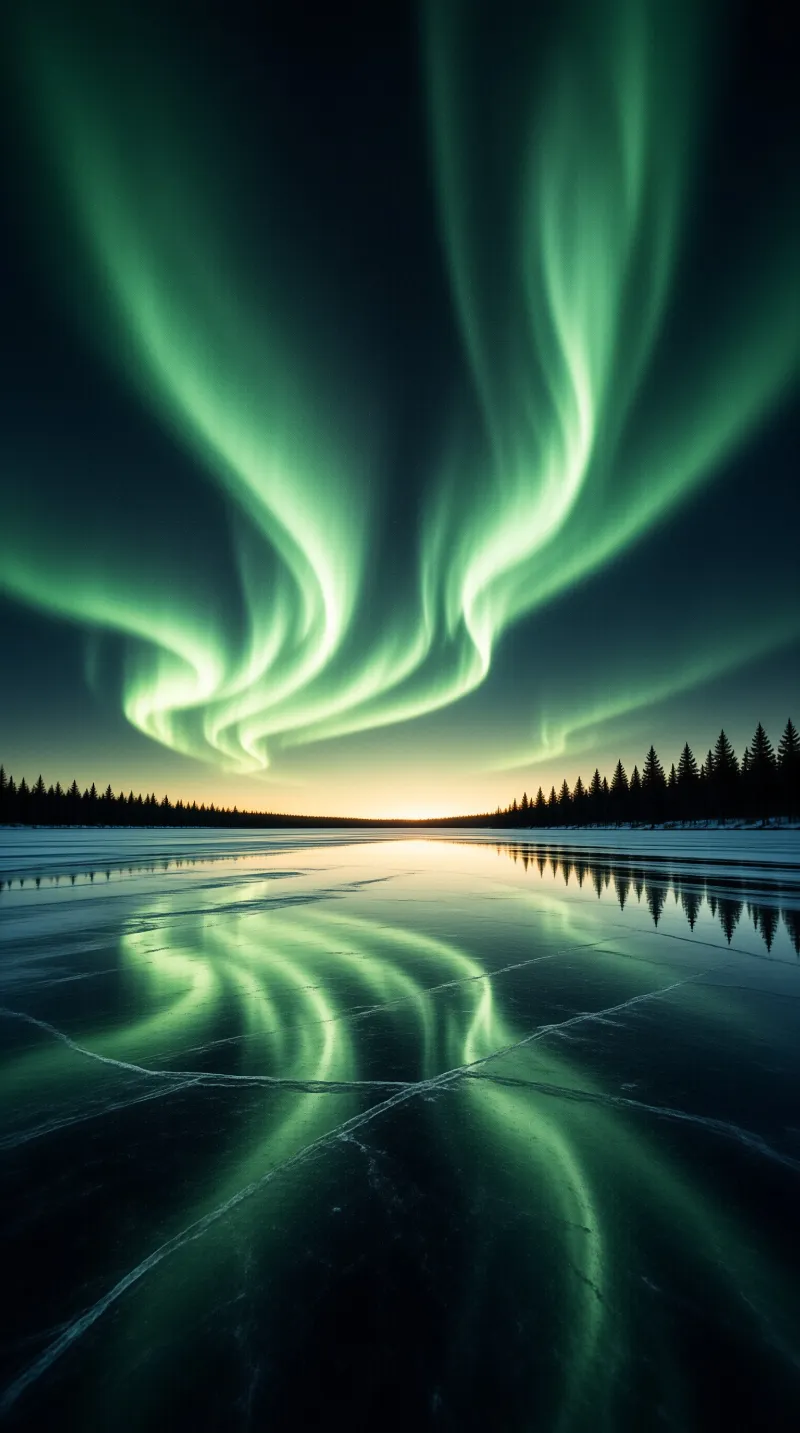 Green auroras arch over a cracked frozen lake at dusk, their reflection mirrored on the ice next to conifer silhouettes.