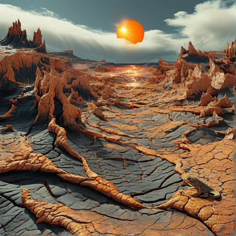 A small lizard rests on cracked reddish ground beneath a large orange sun shining through clouds.