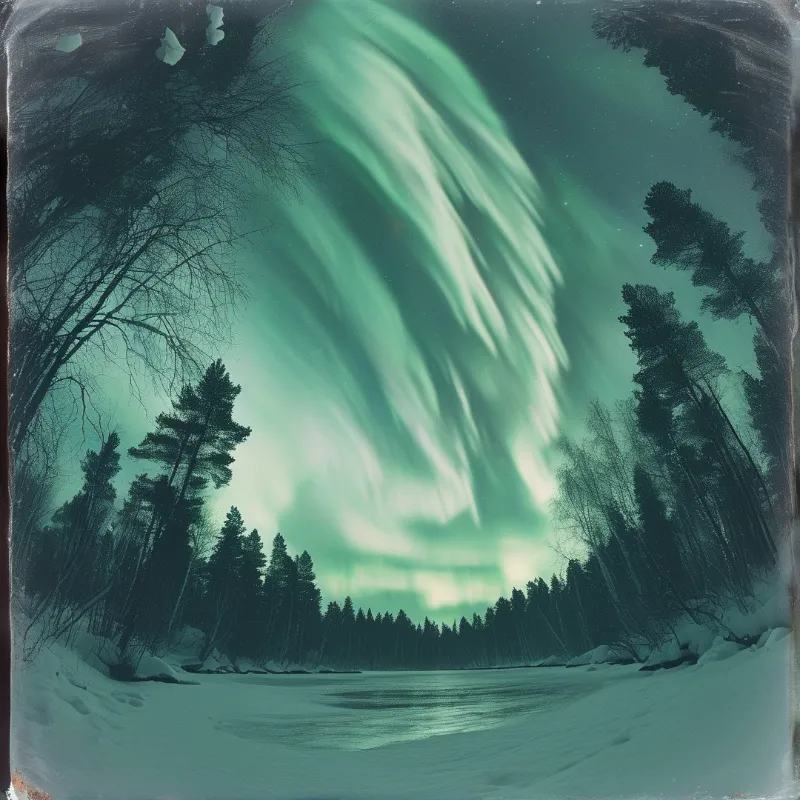 Green aurora borealis dances across the night sky above a frozen lake surrounded by dark pine trees and snow.