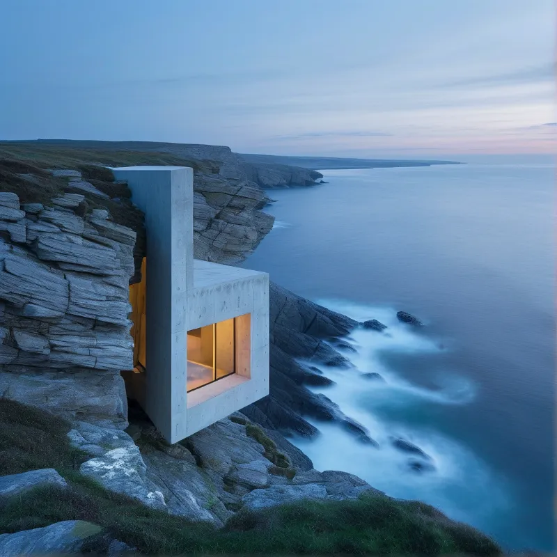 A concrete cubic home juts from a layered cliff face above the sea, its warm lit window contrasting with cool dusk blues.