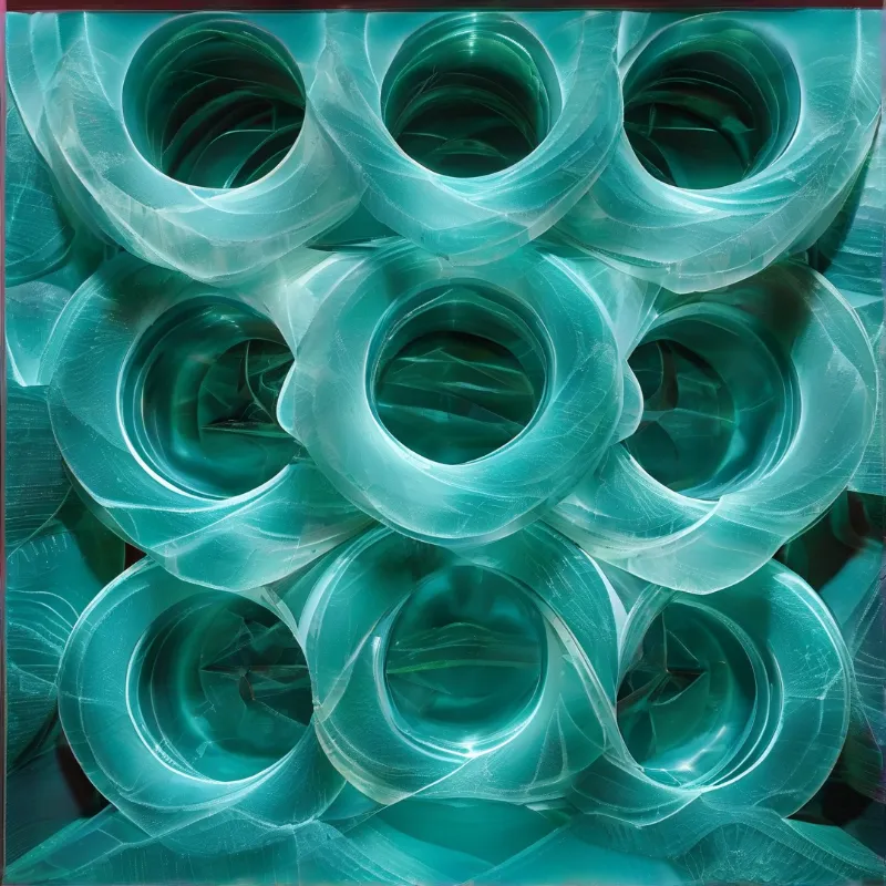 Interconnected glossy teal torus rings are arranged in overlapping layers that create a smooth flowing pattern of curves and dark inner hollows.