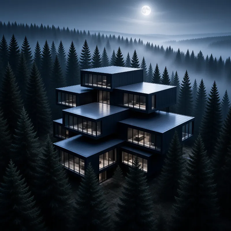 A dark cubic house with lit windows sits among pine trees in a misty forest under a full moon.