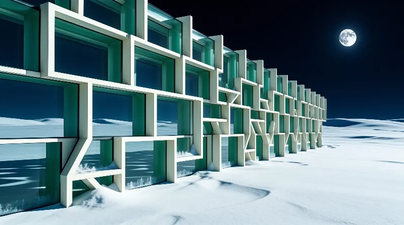 A long white framed building reflects teal glass under a bright full moon above smooth snow drifts.