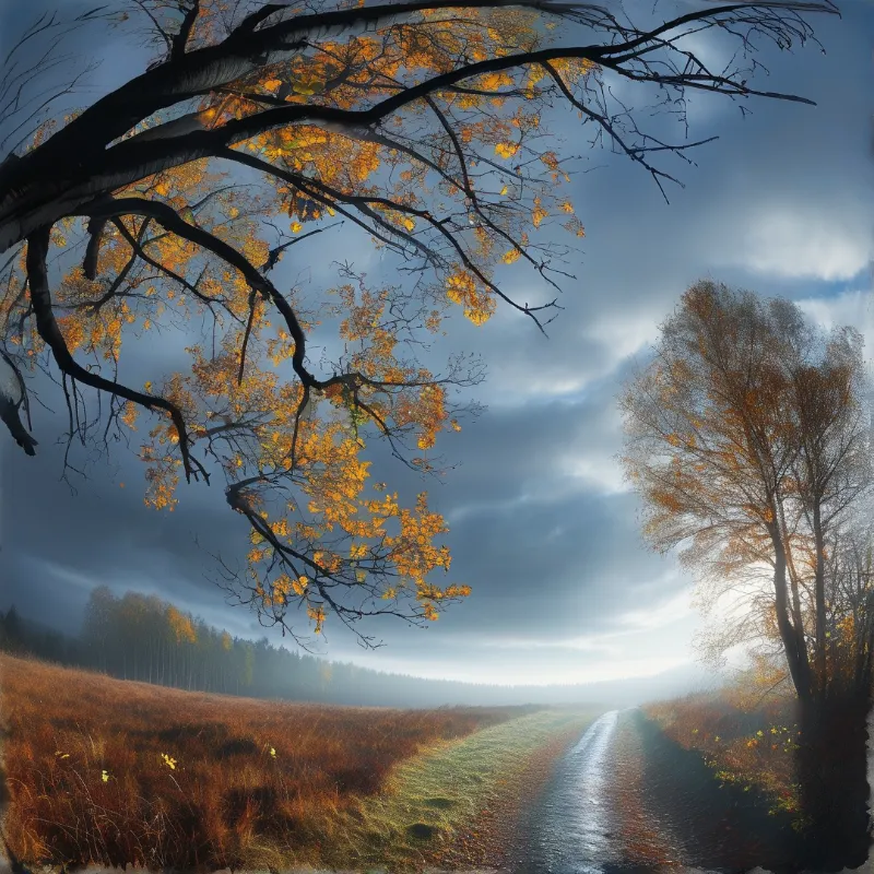 A road curves through foggy fields with heavy branches framing the top left while sunlight breaks through the clouds.