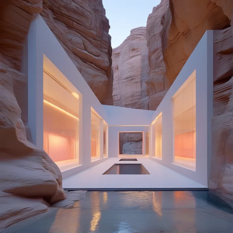 Glowing white rooms with glass walls sit between towering sandstone cliffs above dark reflecting pools.