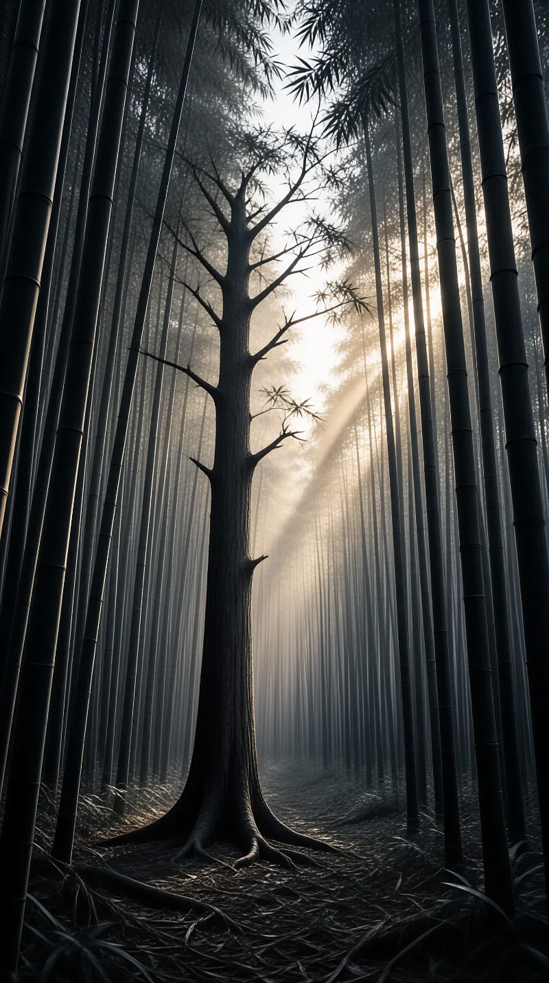 A lone dark tree stands surrounded by tall bamboo stalks as sunlight beams through the misty forest floor.