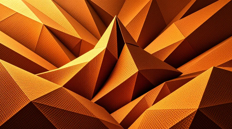 Orange triangular facets radiate from a center with woven surfaces and strong lighting casting shadows on angular forms.