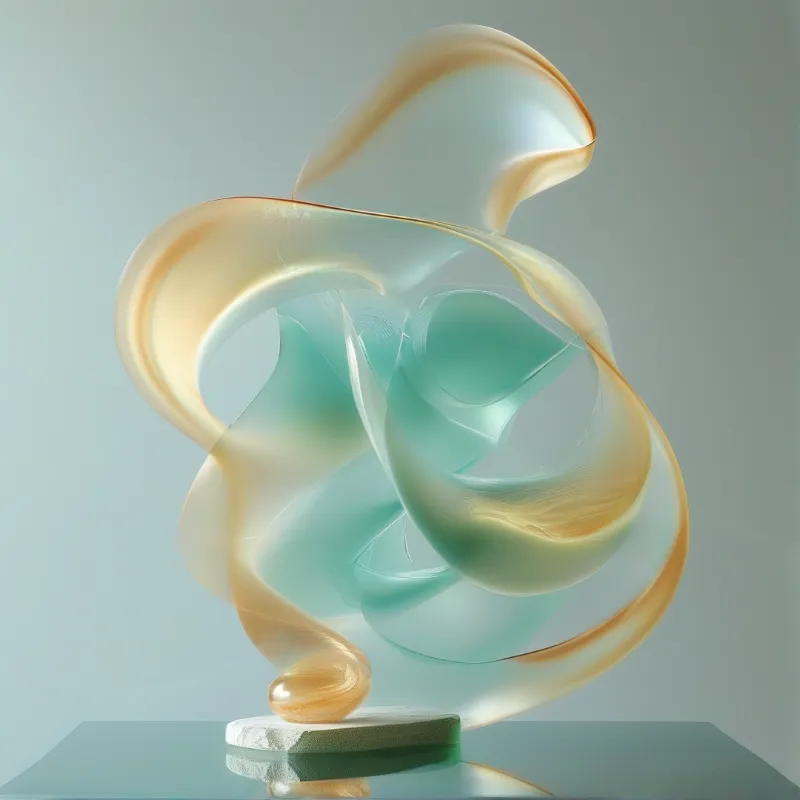 Translucent glass ribbons twist upward in mint and champagne hues from a rough stone pedestal.